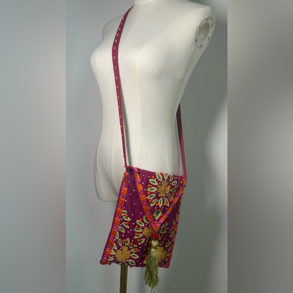 PATIENCE BREWSTER boho Beaded Cotton Crossbody Bag